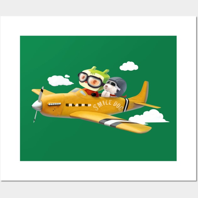 Little pilot and dog on a plane in the Sky Wall Art by zkozkohi